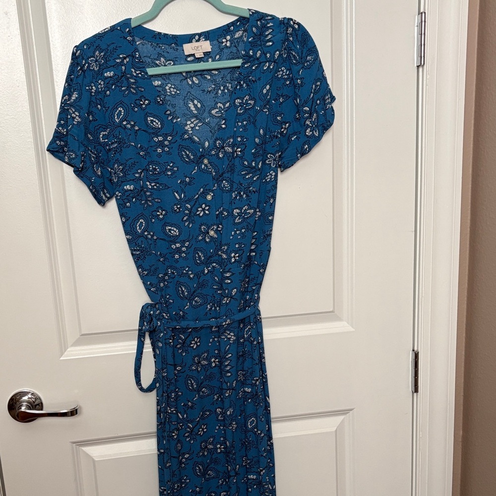 LOFT Teal Blue Floral Midi Dress